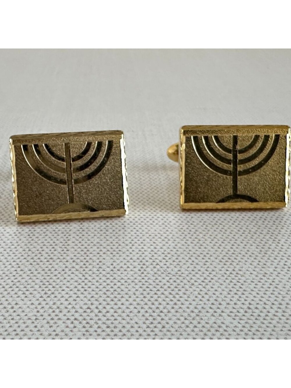 Vintage Menorah Cufflinks Gold Tone Judaica Engraved Israel Jewish Mens